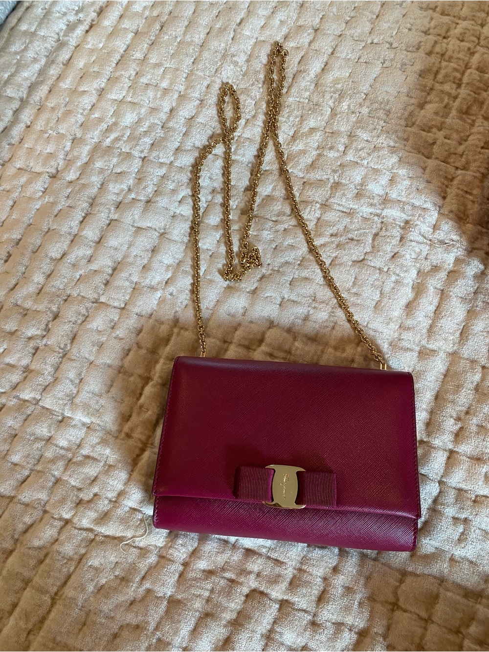 Salvatore Ferragamo Berry Leather Crossbody with Bow and Gold Chain
